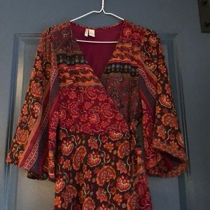 Japna Dresses - Burgundy Mixed Print Wrap Dress Japna Dresses - Burgundy Mixed Print Wrap Dress